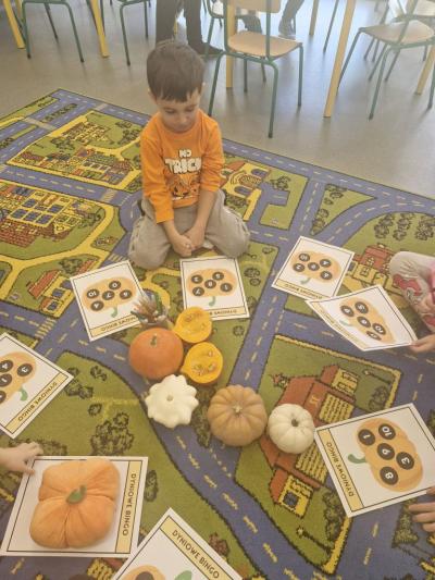 Chłopiec siedzi na dywanie i rozwiązuje dyniowe bingo.jpg