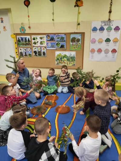 Dzieci zgromadzone w kręgu na dywanie w sali przedszkolnej oglądają gałązki drzew iglastych i liściastych..JPG
