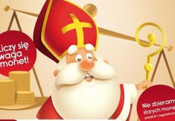 Grafika przedstawiająca Świętego Mikołaja. Mikołaj trzyma wagę, która odmierza masę monet.