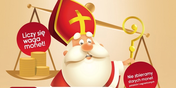 Grafika przedstawiająca Świętego Mikołaja. Mikołaj trzyma wagę, która odmierza masę monet.