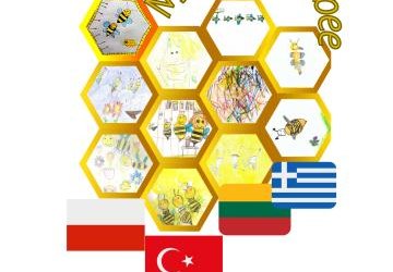 Logo programu: kilka sześcianów z rysunkami pszczół, cztery flagi oraz napis My friend is a bee