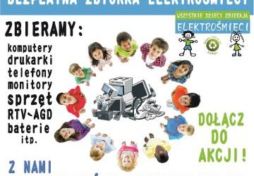 plakat promujący zbiórkę elektrośmieci. Grupa dzieci otaczająca zebrane odpady.