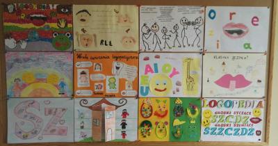 Plakaty wykonane przez uczniów w konkursie logopedycznym.