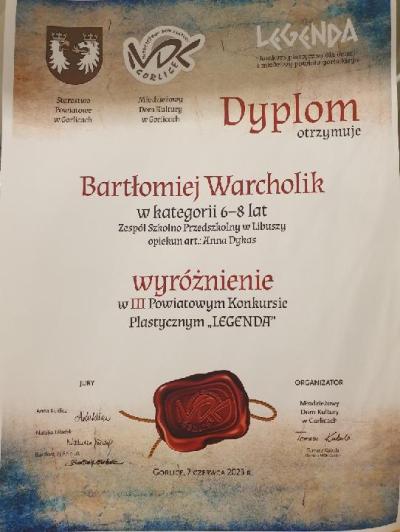 Dyplom za wyróżnienie w konkursie plastycznym Legenda