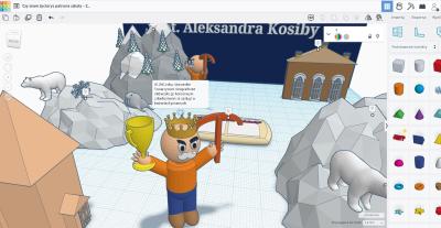 Przestrzed 3D stworzona w środowisku Tinkercad. Na platformie różne modele 3D przedstawiające dokonania patrona szkoły profesora Alksandra Kosiby.