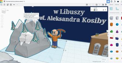 Przestrzed 3D stworzona w środowisku Tinkercad. Na platformie różne modele 3D przedstawiające dokonania patrona szkoły profesora Alksandra Kosiby.