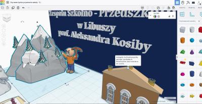 Przestrzed 3D stworzona w środowisku Tinkercad. Na platformie różne modele 3D przedstawiające dokonania patrona szkoły profesora Alksandra Kosiby.