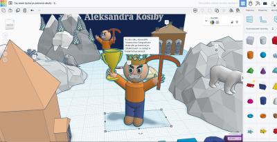 Przestrzed 3D stworzona w środowisku Tinkercad. Na platformie różne modele 3D przedstawiające dokonania patrona szkoły profesora Alksandra Kosiby.