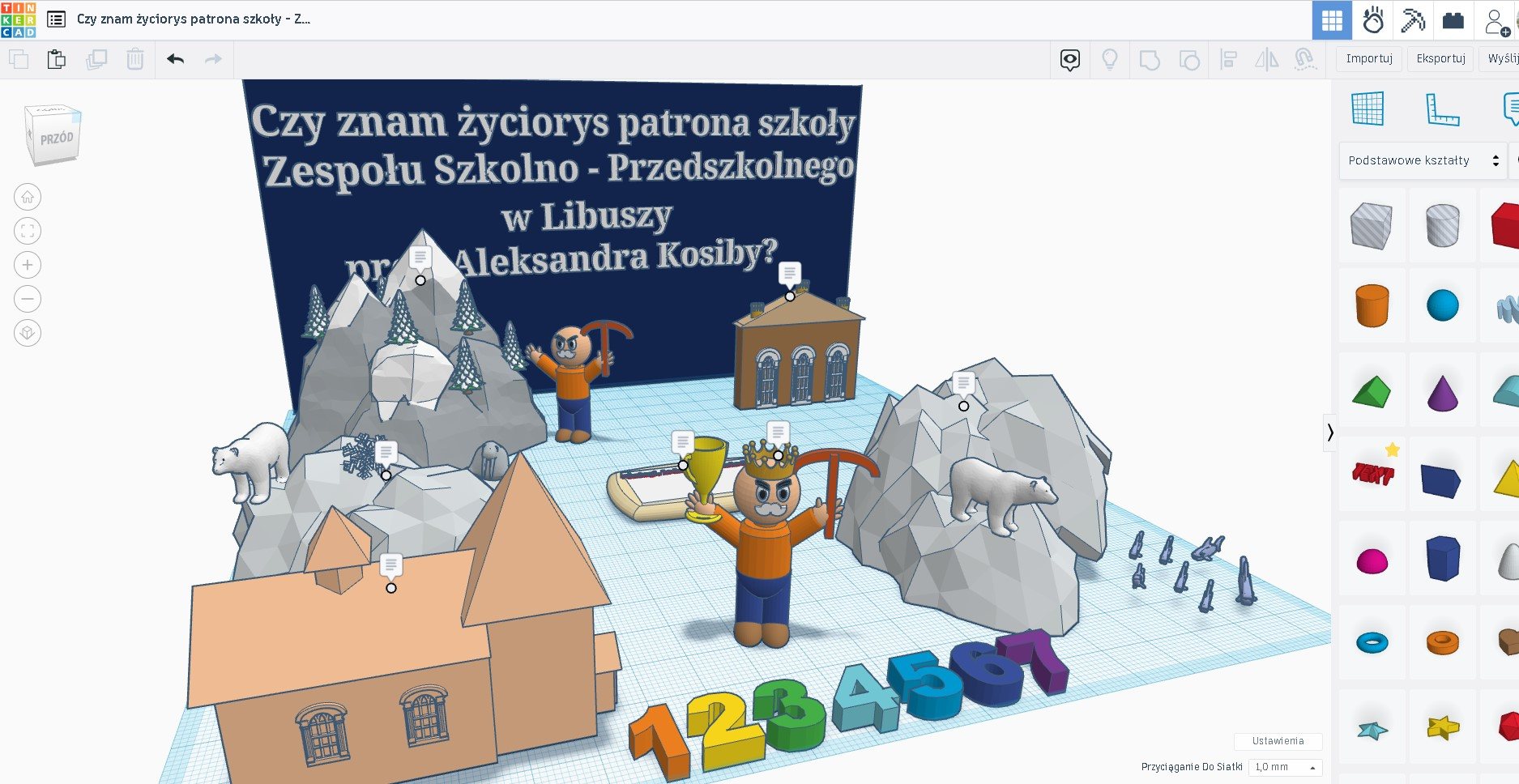 Przestrzed 3D stworzona w środowisku Tinkercad. Na platformie różne modele 3D przedstawiające dokonania patrona szkoły profesora Alksandra Kosiby.