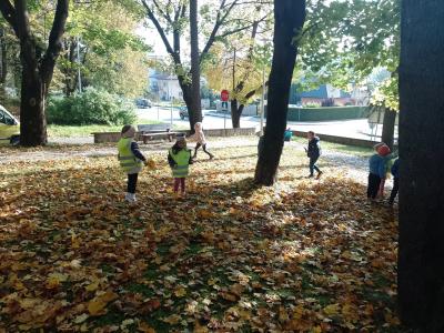 Grupa Leśne duszki w parku. Dzieci zbierają i biegają po parku szukając kolorowych liści jesiennych. jest słoneczny piękny jesienny dzień