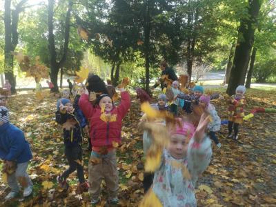 Grupa Sówki w parku. Przedszkolaki podrzucają żółte brązowe i czerwone liscie jesienne i bawią się radośnie.