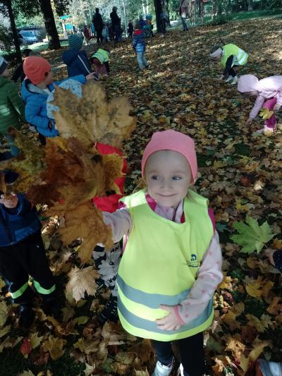 grupa lesne duszki w parku. dzieci zbieraja kolorowe listki, na pierwszym planie dziewczynka
