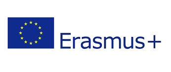 Zdjęcie przedstawia  flagę Unii Europejskiej i logo Erasmusa - niebieski napis na białym tle.