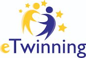 Logo programu Etwinning. Dwie postacie i gwiazdki