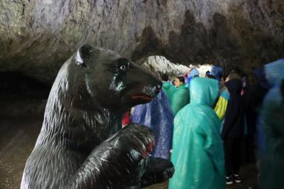 Uczniowie wraz z przewodnikiem - zwiedzają jaskinię nietoperzową. Na pierwszym planie niedzwiedź jaskiniowy
