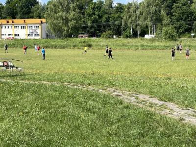 grupa chłopców gra w piłkę nożną na boisku trawiastym
