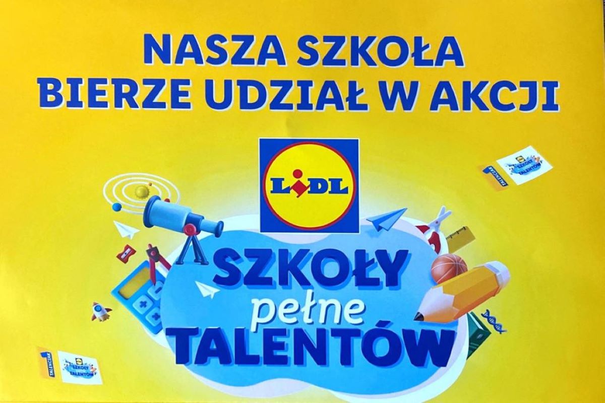 Logo programu talenciaki - żółty plakat z napisem szkoły pełne talentów