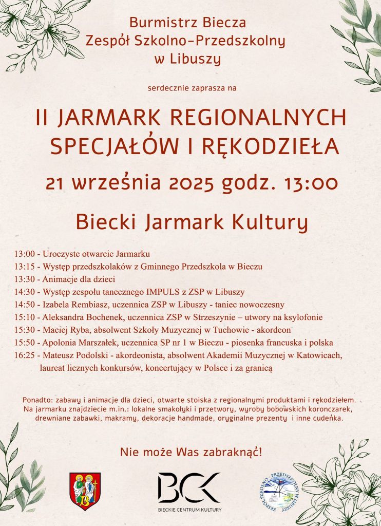 Plakat z zaproszeniem na II JARMARK REGIONALNYCH SPECJAŁÓW I RĘKODZIEŁA