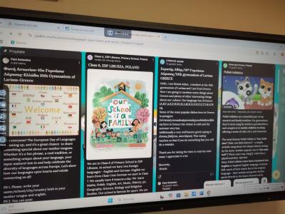 Uczniowie w raamch lekcji pracują na padlecie i wymieniają się informacjami z uczniami z krajów europejskich.