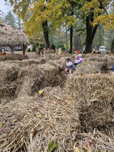 Dzieci biegają w labiryncie ze słomy