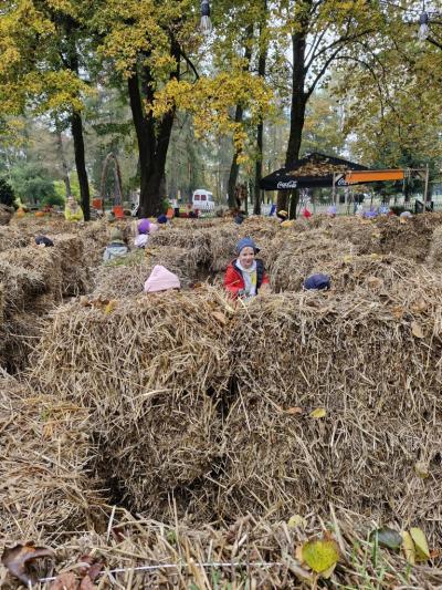 Dzieci biegają w labiryncie ze słomy