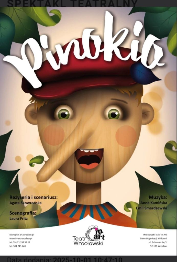Plakat przedstawienia teatralnego Pinokio z buzią drewnianego chłopca. Plakat przedstawienia teatralnego Pinokio z buzią drewnianego chłopca.