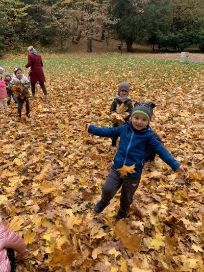 Chłopiec w niebieskiej kurtce z uśmiechem na twarzy i rozłożonymi rękami stoi na dywanie z liści w parku.