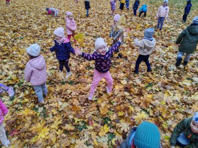 Dzieci zbierają kolorowe liście.j