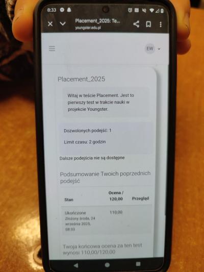 Wyniki testu plasującego