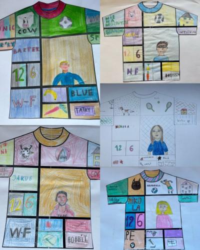 5 rysunków koszulek zawierające informacje o uczniach