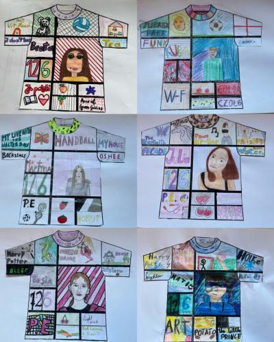 6 rysunkiów koszulek zawierające informacje o uczniach