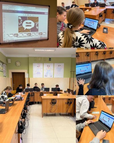 klasa 6 tworzy prezentację w Canvie o szkole i Libuszy na laptopach