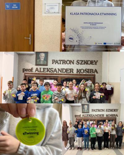 klasa  6 z pamiątkową tablicą klasy patronackiej ewtinning oraz z odblaskami z napisem etwinning