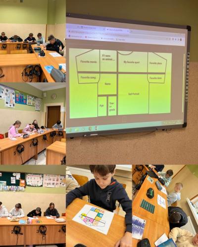 uczniowie klasy 6 rysują t-shirty opisujące ich samych za pomocą obrazków