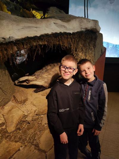 Dwóch chłopców pozuje do zdjęcia w muzeum przyrodniczym, za  nimi ekspozycja borsuka