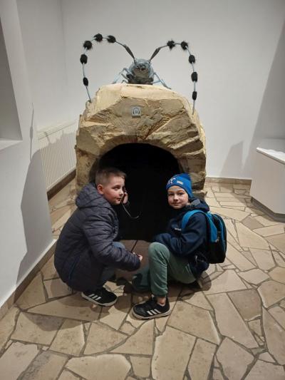 dwaj chłopcy stoją jedną z ekspozycji.