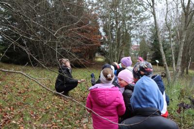 Dzieci idą ścieżką edukacyjną, słuchają co mówi pani przewodnik