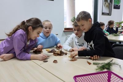 Dzieci siedzą przy stoliku podczas warsztatówrozpoznawania drzew po liściach