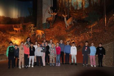 Uczniowie pozują do zdjęcia, za nimi ekspozycja zwierząt leśnych.
