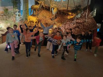 w sali ekspozycyjnej - w tle jesienny krajobraz lasu