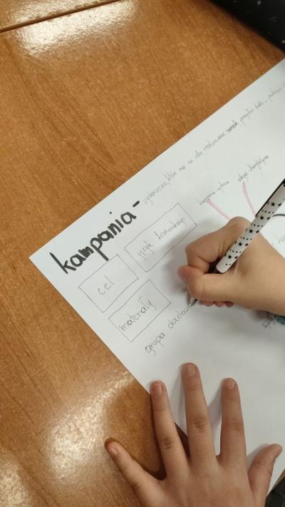 Uczniowie wypisują etapy wdrażania kampanii