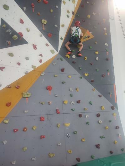 Dzieci biorą udział w zajęciach sportowych w hali sportowej na ściance wspinaczkowej.