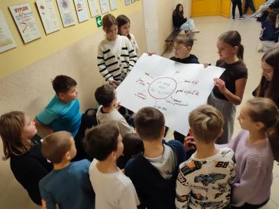 Uczniowie wypełniający plakat czynnościami, które mozna wykonywac bez telefonu.j