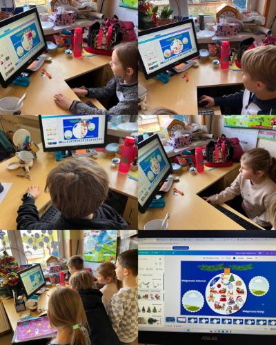 dzieci świetlicowe dekorują swoją połowę bombki na komputerze z użyciem Canvy.