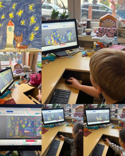 uczniowie na świetlicy układają puzzle na komputerze w programie jigsaw planet