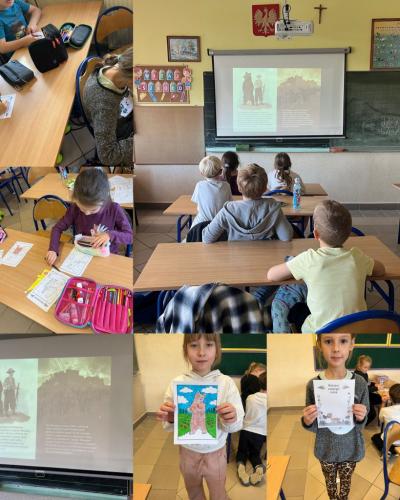 uczniowie świetlicy poznają historię Misia Wojtka , malują kolorowanki.