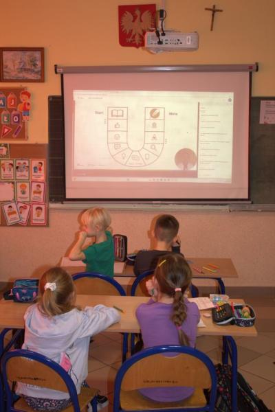 Uczniowie klasy pierwszej biorą udział w zajęciach „Asy Internetu”, podczas których poznają zasady bezpiecznego korzystania z internetu