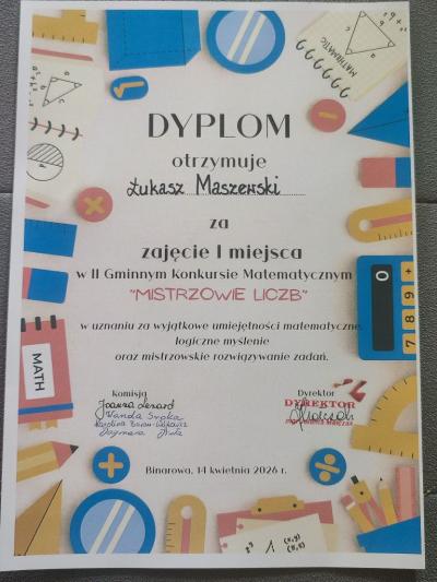 Dyplom zwycięzcy konkursu matematycznego