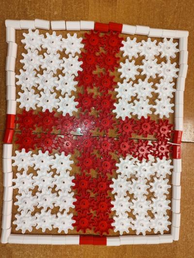 Flagi krajów anglojęzyczne i symbole Londynu ułożone  z klocków Korbo