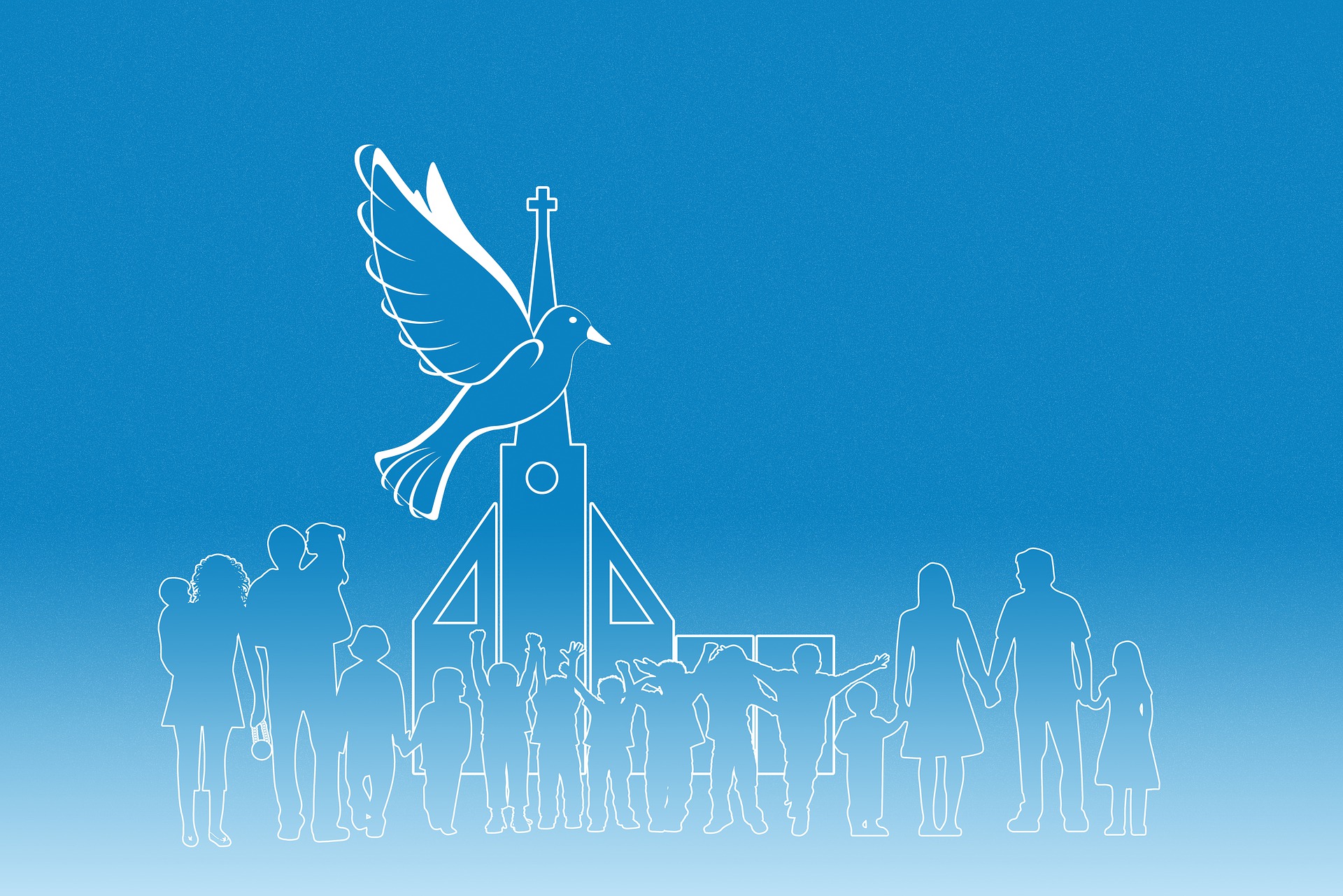 Niebieska grafika przedstawiające postacie dzieci i dorosłych na tle kościoła. W powietrzu leci gołąbek.